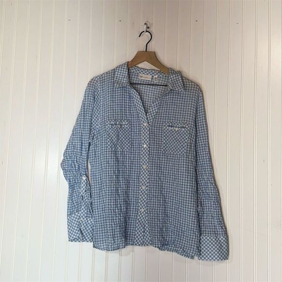 Rafaella XL Blue White Gingham Button Front Shirt Stretch Cotton Blouse Cottage - Picture 1 of 9